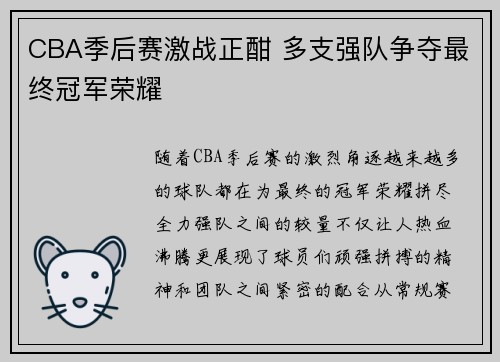 CBA季后赛激战正酣 多支强队争夺最终冠军荣耀 